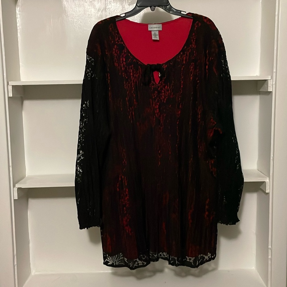 Catherine’s Black Lace Overlay Tunic with Red Shell Open V neck with ties 5X
